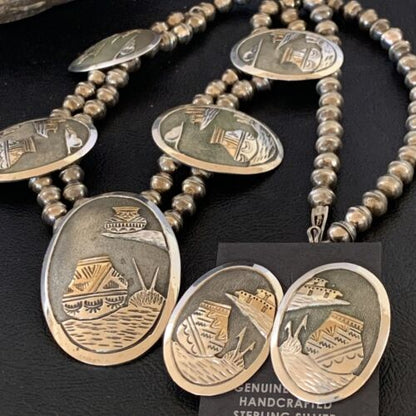 Navajo Gold Filled Sterling Silver Concho Pottery Pendant Necklace Earrings Set | Native American Handmade | 12367