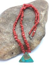 Navajo Kingman Turquoise and Coral Pendant Necklace | Brass | 19" | Authentic Native American Handmade | 4030
