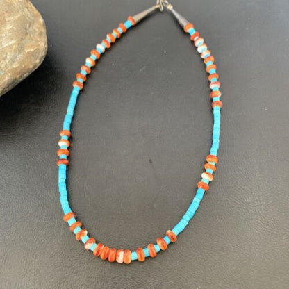 Navajo Sterling Silver Spiny Oyster Turquoise Necklace | 16" | Authentic Native American Handmade | 10692 - Masha USA