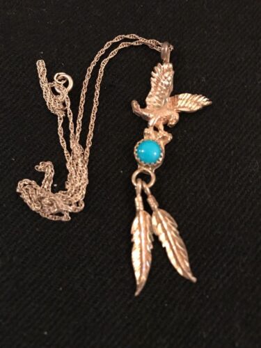 Sterling Silver Navajo Eagle Turquoise Feather Necklace Pendant 2.5" | Southwestern 17.5" | 3257