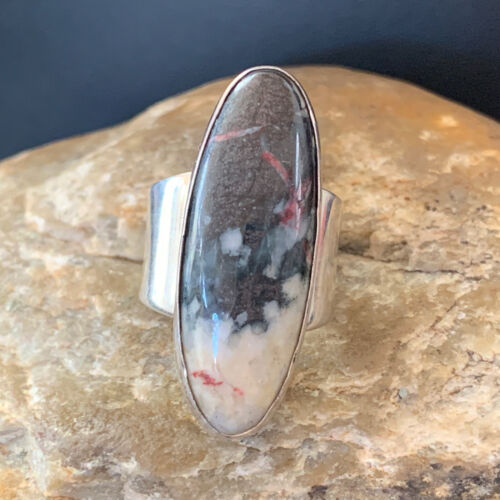 Navajo Men's White Black Cinnabrite Ring | Sterling Silver | Sz 7.5 | Authentic Native American Handmade | 1556