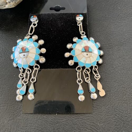 Zuni Sun Face Kingman Turquoise White Mother of Pearl Dangle Earrings | Sterling Silver | 12125
