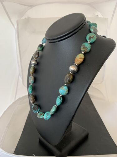 Authentic Native American Navajo Sterling Silver Spiderweb Turquoise Graduated Nugget Necklace | 20" | 229