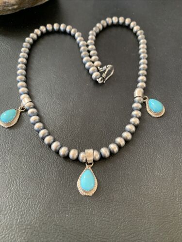 Navajo Handmade Sterling Silver Turquoise Necklace | 3 Teardrop Pendants | Authentic Native American | 1952
