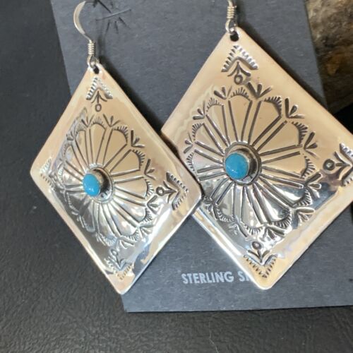Navajo Blue Turquoise Earrings | Stamped Sterling Silver | Authentic Native American Handmade | 13369