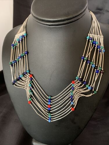 Native American Multi-Color Liquid Heishi Necklace | 10 Strand Sterling Tubes | 17" | 12623