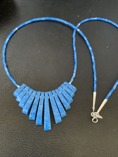 Navajo Denim Lapis Bead Necklace | Sterling Silver | Tube Heishi Fan Pendant | 20" | 10475