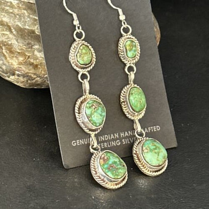 Navajo Green Sonoran Gold Turquoise Dangle Earrings | Sterling Silver | Authentic Native American Handmade | 14408