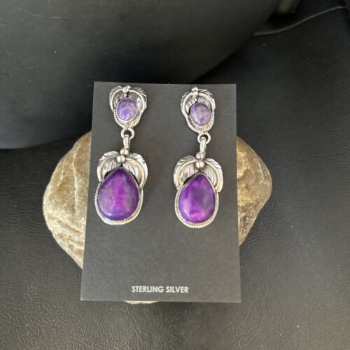 Navajo Purple Sugilite Dangle Earrings | Sterling Silver | 2" | Authentic Native American Handmade | 14403