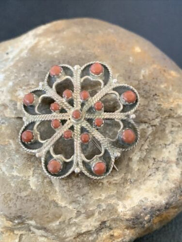 USA Old Pawn Zuni Sterling Silver Turquoise Red Coral Brooch Pin 1.25