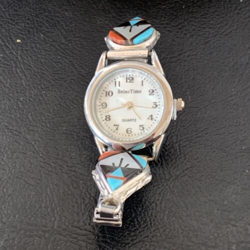 Authentic Native American Zuni Sterling Silver Watch Tips | Onyx, Coral, Turquoise Inlay | Women's | 11577