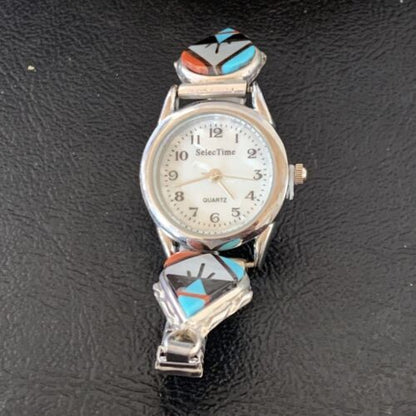 Authentic Native American Zuni Sterling Silver Watch Tips | Onyx, Coral, Turquoise Inlay | Women's | 11577
