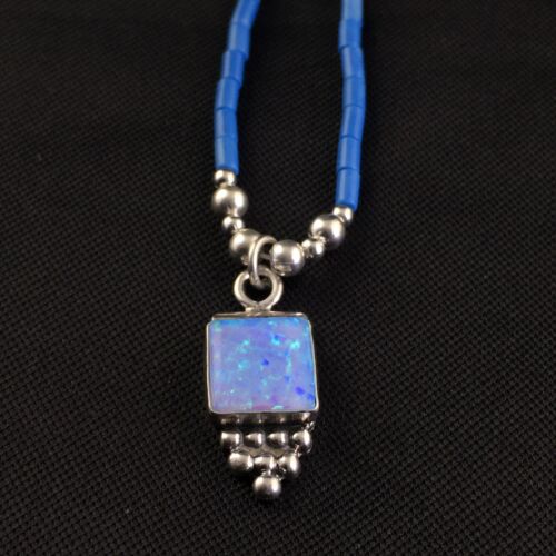 Children's Lapis Beads Sterling Heishi Necklace | Opal Pendant | 15" Chain | 10130