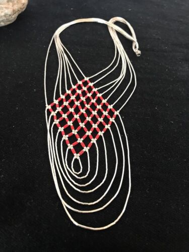 Southwestern Coral Heishi Necklace | 7 Strands Sterling Silver | Navajo | 3699