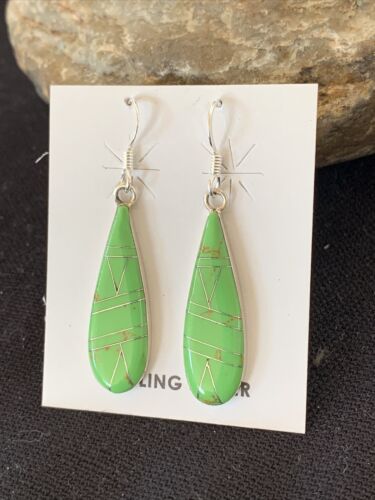 Southwestern Navajo Green Gaspeite Inlay Earrings | Sterling Silver | 1.5" | 977