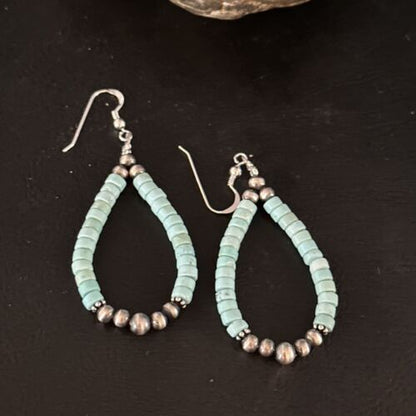 Navajo Blue Turquoise Heishi Dangle Earrings | Sterling Silver | 2" | Authentic Native American Handmade | 14363