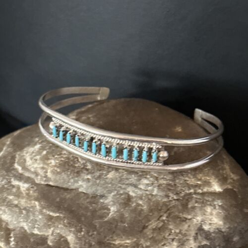 Zuni Blue Turquoise Needle Point Cuff Inlay Bracelet | Sterling Silver | Authentic Native American Handmade | 14594