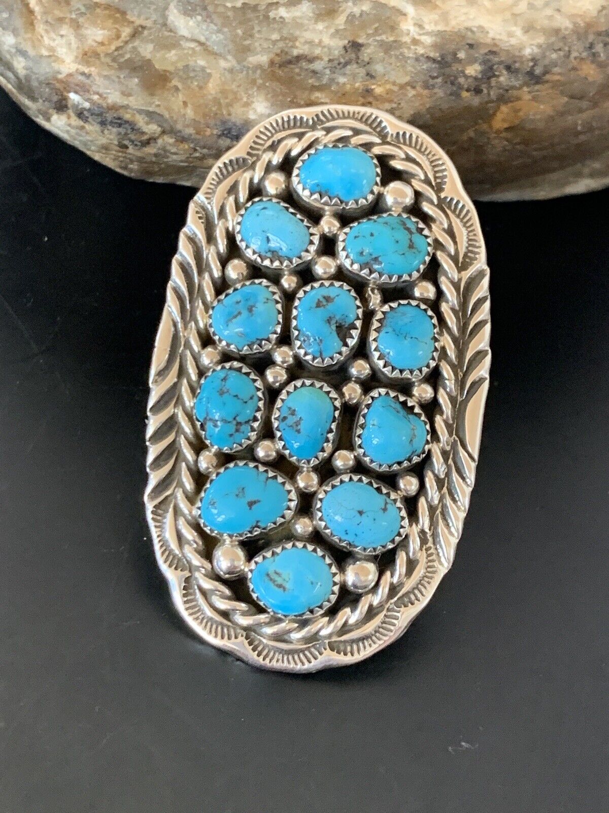 Navajo Blue Kingman Turquoise Cluster Ring | Authentic Native American Sterling Silver | Multi-Stone | Sz 6.5 | 11511