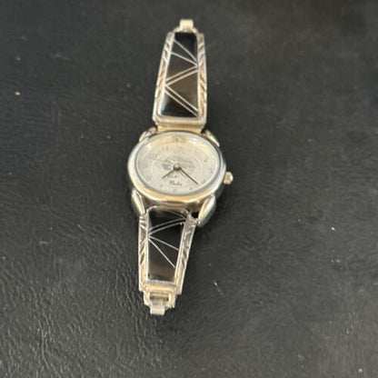 Authentic Native American Navajo Sterling Silver Watch Tips | Black Onyx Band | Handmade Jewelry | 14470