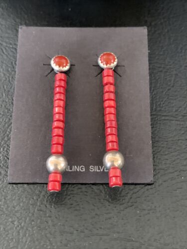 Navajo Pearl Heishi Dangle Earrings | Sterling Silver Red Coral Tube | 1.5" | 13051