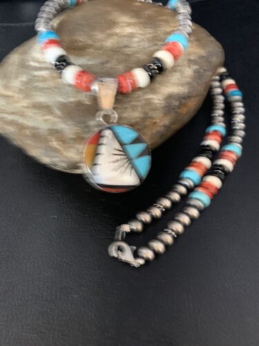 Zuni Multi-Color Turquoise Onyx Necklace | Sterling Silver Inlay Pendant | Native American Handmade | 13564