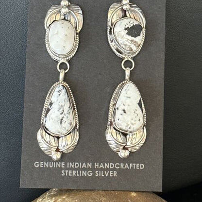 Navajo White Buffalo Turquoise Dangle Earrings | Sterling Silver | 2.5" | Authentic Native American Handmade | 14742