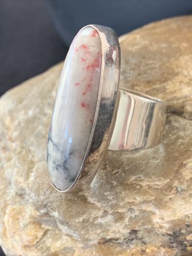 Native American Men's Navajo Cinnabrite Ring | White Black | Sterling Silver | Sz 7.5 | 1555