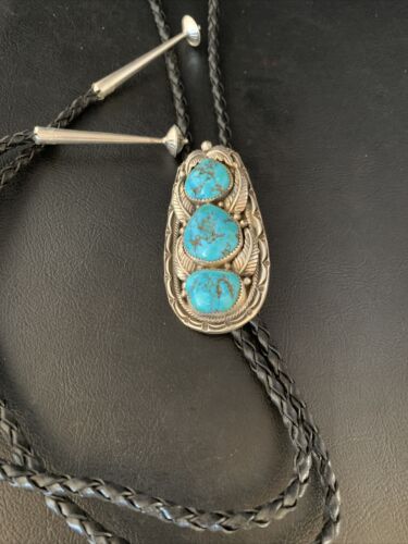 Ultra Rare Navajo Men's Bolo Tie | Blue Kingman Turquoise | Sterling Silver | Authentic Native American Handmade | 13667
