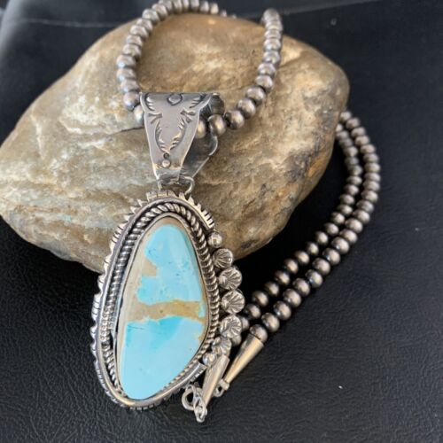Men's Blue Royston Turquoise Pendant | Sterling Silver | 3" | Authentic Native American Handmade | 13938
