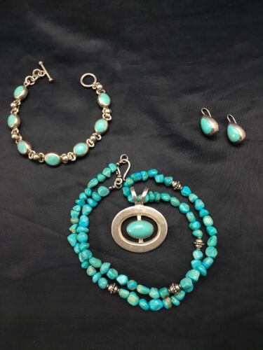 Native American Turquoise Nugget Necklace, Earrings & Bracelet Set | Sterling Silver | Handmade Navajo Jewelry | 3145 - Masha USA
