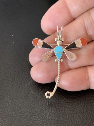 Turquoise & Mother of Pearl Inlay Dragonfly Necklace Pin Pendant | Zuni Sterling Silver | Native American Handmade | 12324