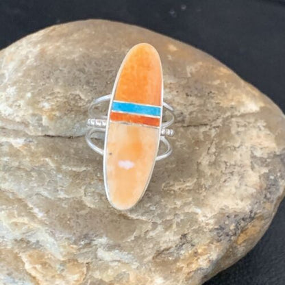 Navajo Red Spiny Oyster Turquoise Inlay Ring | Sterling Silver | Sz 6 | Authentic Native American Handmade | 11583
