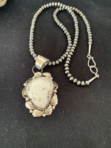 Navajo Pearls Necklace with White Buffalo Turquoise Pendant | Sterling Silver | Authentic Native American Handmade | 349