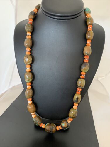 Navajo Green Turquoise & Orange Spiny Oyster Necklace | Sterling Silver | 23" | Authentic Native American Handmade | 1848