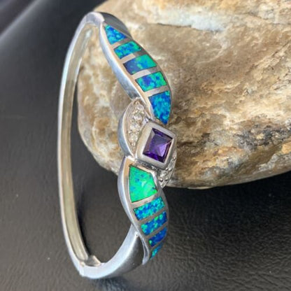 Navajo Blue Opal Amethyst Bracelet | Sterling Silver | 7" | Authentic Native American Handmade | 13123