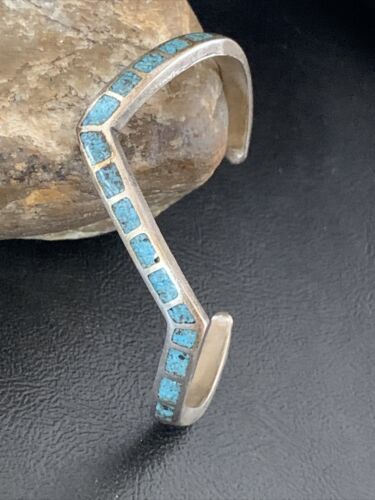 Navajo Old Pawn Blue Turquoise Chip Inlay Bracelet | Sterling Silver | Authentic Native American Handmade | 1168