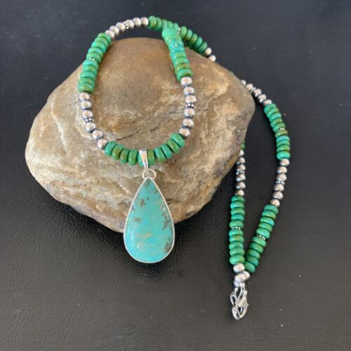 Navajo Pearls Green Turquoise Pendant Necklace | Sterling Silver Beads | Authentic Native American Handmade | 13308