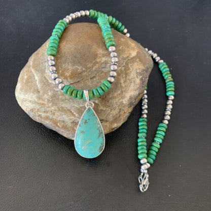 Navajo Pearls Green Turquoise Pendant Necklace | Sterling Silver Beads | Authentic Native American Handmade | 13308
