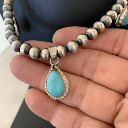 Navajo Handmade Sterling Silver Turquoise Necklace | 3 Teardrop Pendants | Authentic Native American | 1952