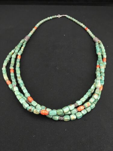 Navajo Green Royston Turquoise Spiny Oyster Necklace | Sterling Silver | 3-Strand 26" | 1140