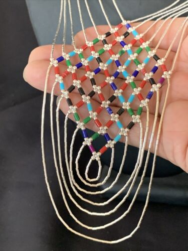 Multi-Color Liquid Silver Heishi Necklace | 7 Strand Sterling Silver Tubes | 18" | 12624