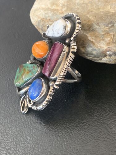 Navajo White Buffalo Spiny Oyster Lapis Multi-Stone Ring | Authentic Native American Sterling Silver | Sz 10.5 | 11568