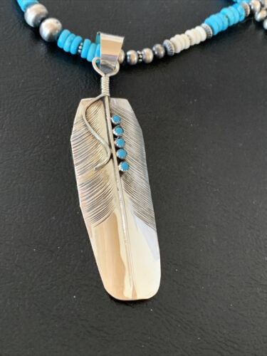 Navajo Turquoise Multi-Stone Feather Pendant | Authentic Native American Sterling Silver | Handmade | 3.5" | 02133