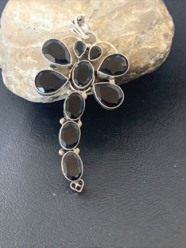 Navajo Dragonfly Pendant | Faceted Black Onyx Gems Cluster | Authentic Native American Sterling Silver | Multi-Stone | 3" | 12739