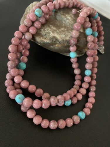 Navajo Turquoise Rhodochrosite Necklace | Sterling Silver | 3 Strand | Authentic Native American Handmade | 01993