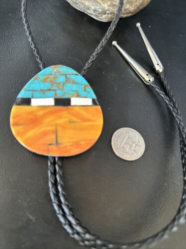 Men's Santo Domingo Bolo Tie | Turquoise Spiny Oyster | Sterling Silver Tips | Native American Handmade | 14632