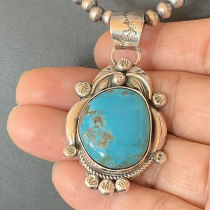 Men's Navajo Pearls Necklace with Blue Kingman Turquoise Pendant | Sterling Silver | Native American Handmade | 12596
