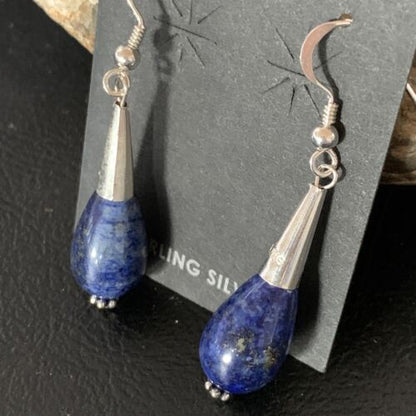Navajo Lapis Lazuli Bead Dangle Earrings | Sterling Silver | 1" | Authentic Native American Handmade | 13330