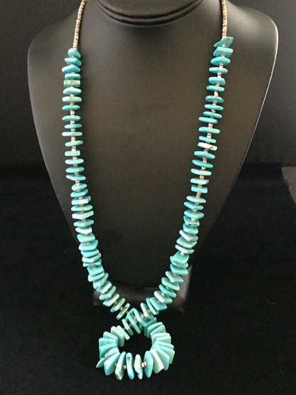 Santo Domingo | Spiderweb Turquoise Bead Necklace | Sterling Silver | 29" | Authentic Native American Handmade | 1758