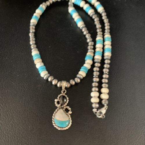 Navajo Mother of Pearl Turquoise Onyx Inlay Pendant Bead Necklace | Sterling Silver | Native American Handmade | 13566